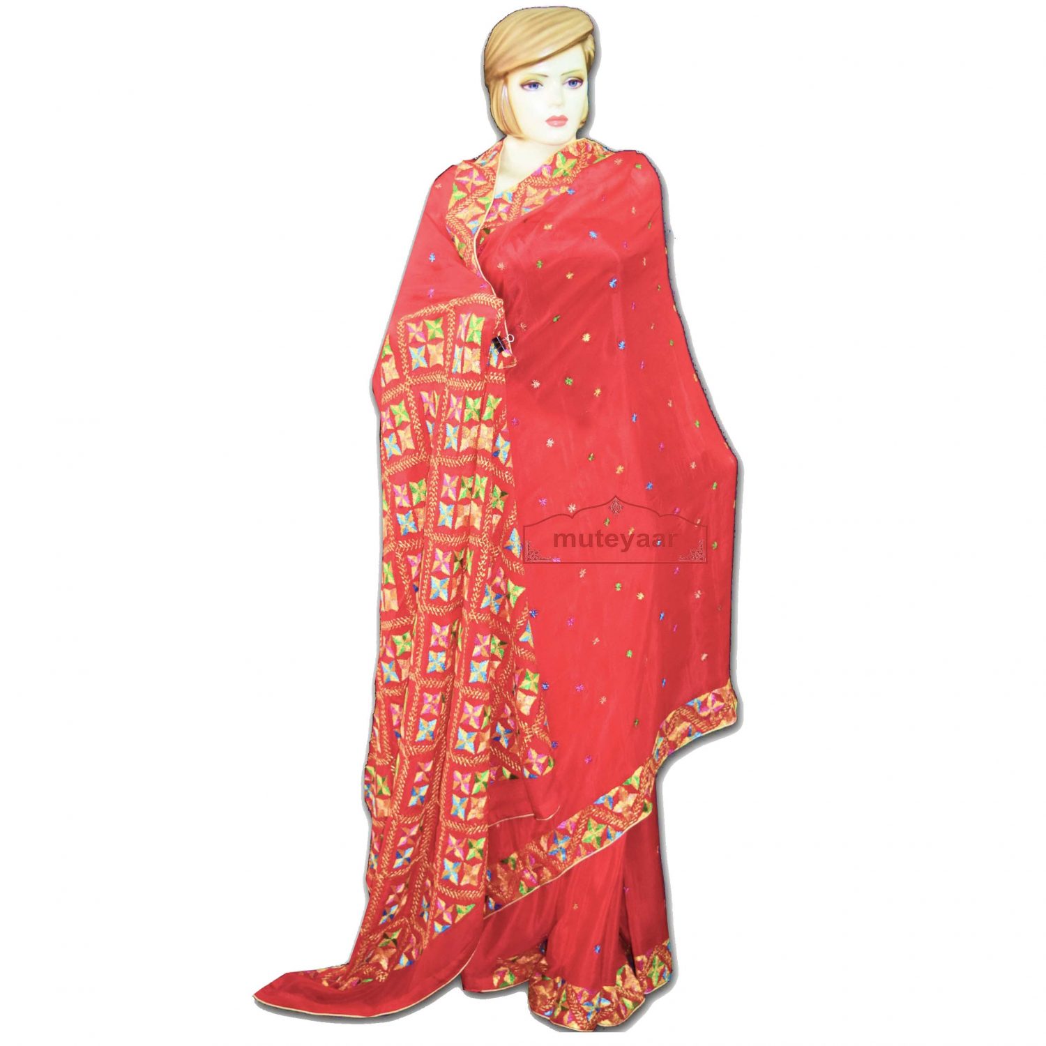 Pure Chiffon Bridal Red Phulkari Saree S33 1