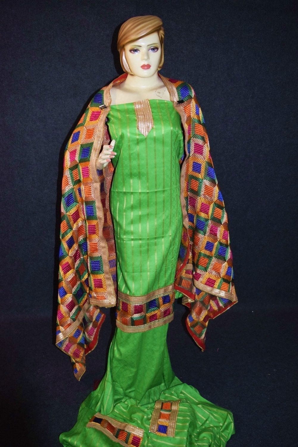 Parrot M/C Phulkari Salwar Kameez Cotton Suit with Bagh Dupatta F0729 Parrot M/C Phulkari Salwar Kameez Cotton Suit with Bagh Dupatta F0729