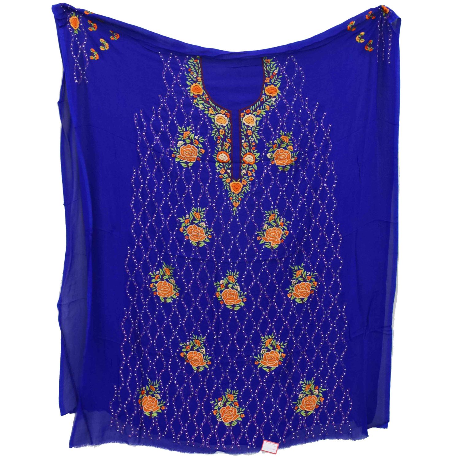 Vibrant Blue GEORGETTE LONG Kurti Hand Embroidered Party Wear Unstitched Fabric K0397