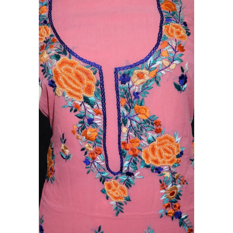 Pink GEORGETTE LONG Kurti Hand Embroidered Party Wear Unstitched Fabric K0390