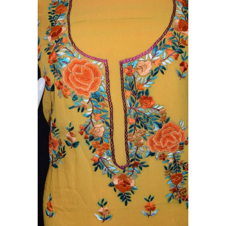 Yellow GEORGETTE LONG Kurti Hand Embroidered Party Wear Unstitched Fabric K0391