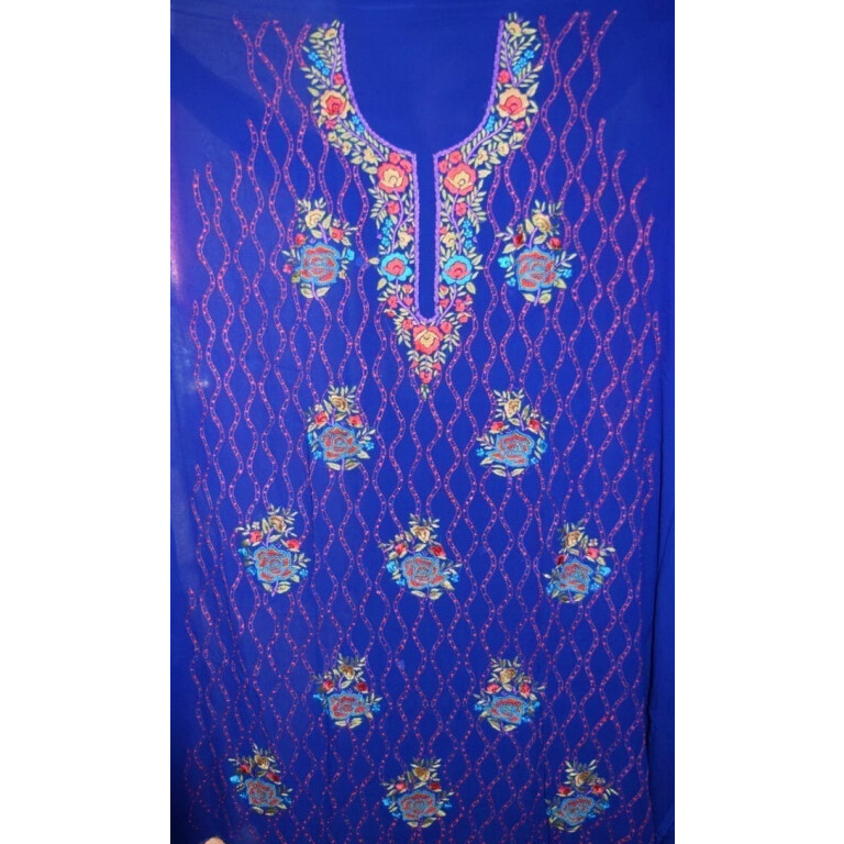 Royal Blue GEORGETTE LONG Kurti Hand Embroidered Party Wear Unstitched Fabric K0394