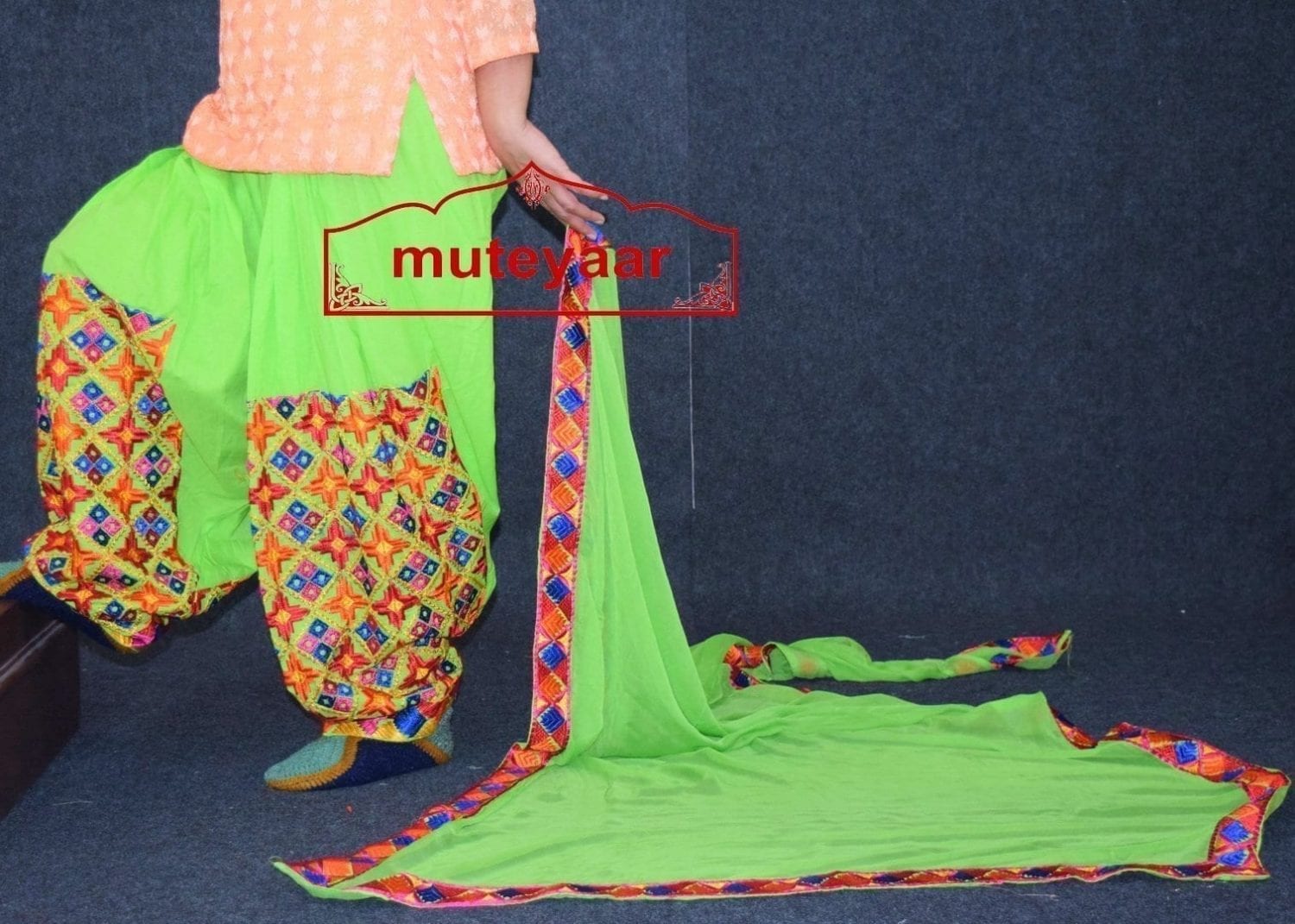 Parrot Green Phulkari Patiala Salwar with matching Faux Chifon Dupatta MPS05 1