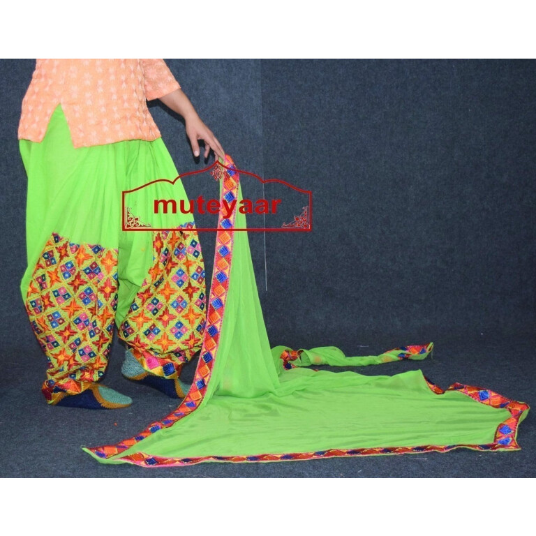 Parrot Green Phulkari Patiala Salwar with matching Faux Chifon Dupatta MPS05
