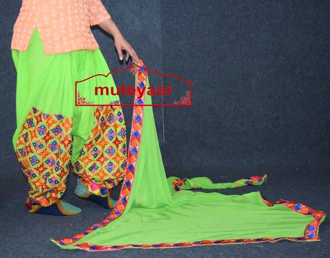 Parrot Green Phulkari Patiala Salwar with matching Faux Chifon Dupatta MPS05 2