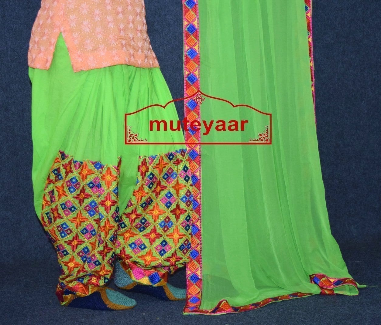 Parrot Green Phulkari Patiala Salwar with matching Faux Chifon Dupatta MPS05 3