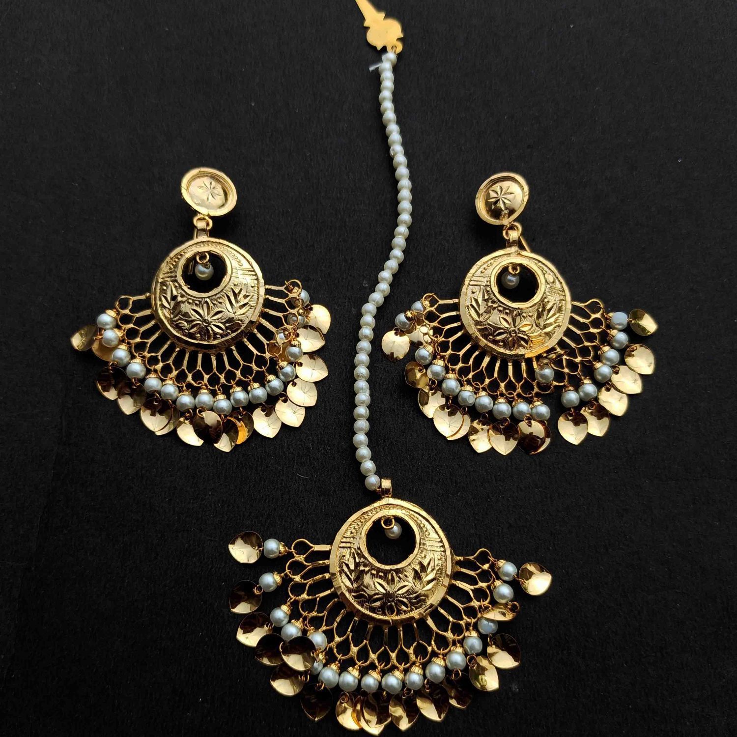 24 Ct. Gold Plated Traditional Punjabi Earrings Tikka set J0383 1
