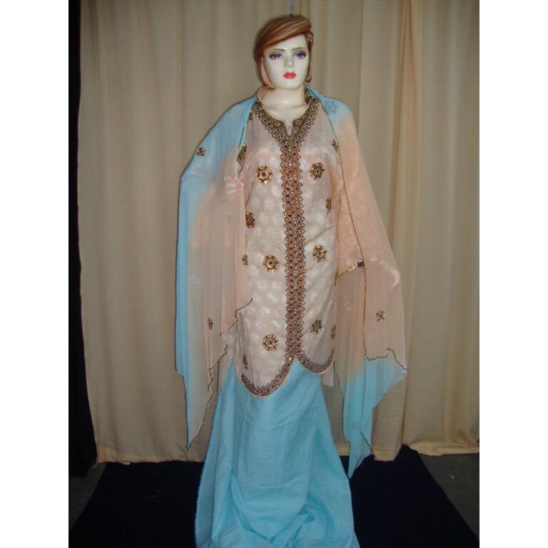 Peach /sky Cotton Sherwani Full Patiala salwar suit F0296