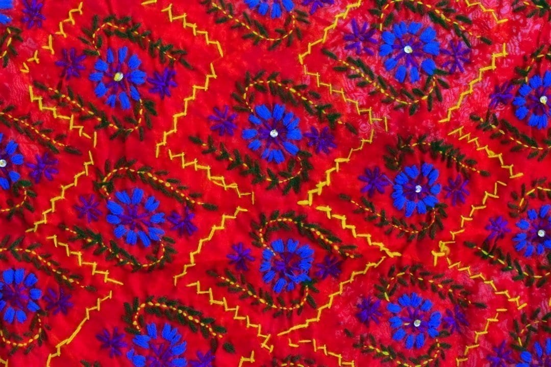 Red Kantha Work Hand Embroidered Partywear Chanderi Cotton Silk Dupatta D0937 2