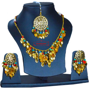 Traditional Punjabi Jewellery 24 Ct. Gold Plated Necklace Earrings Tikka set J0398
