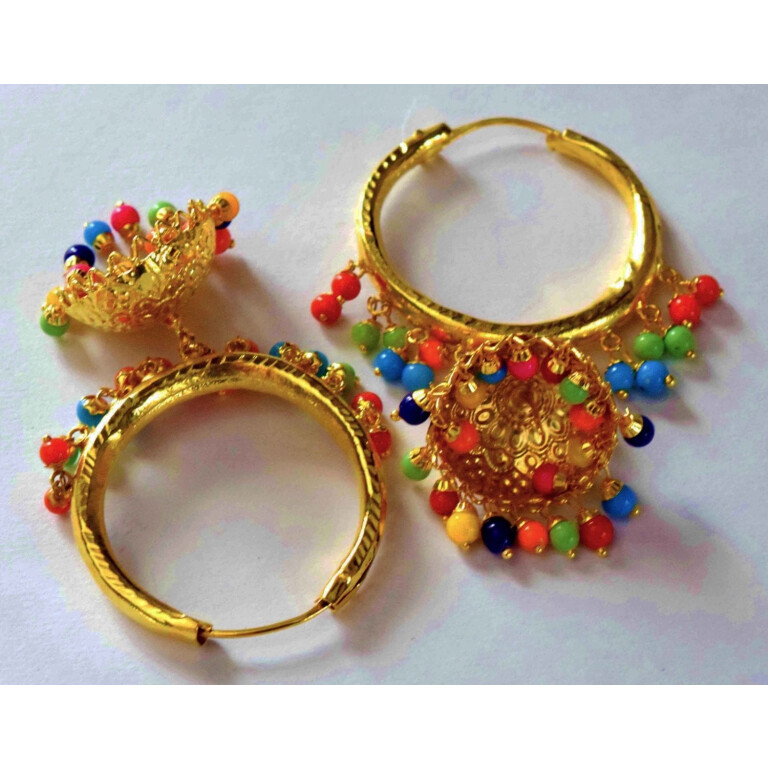 Gold Polished Dangles Jhumka Waliyaan Lotan Bali set with multicolour beads J0399