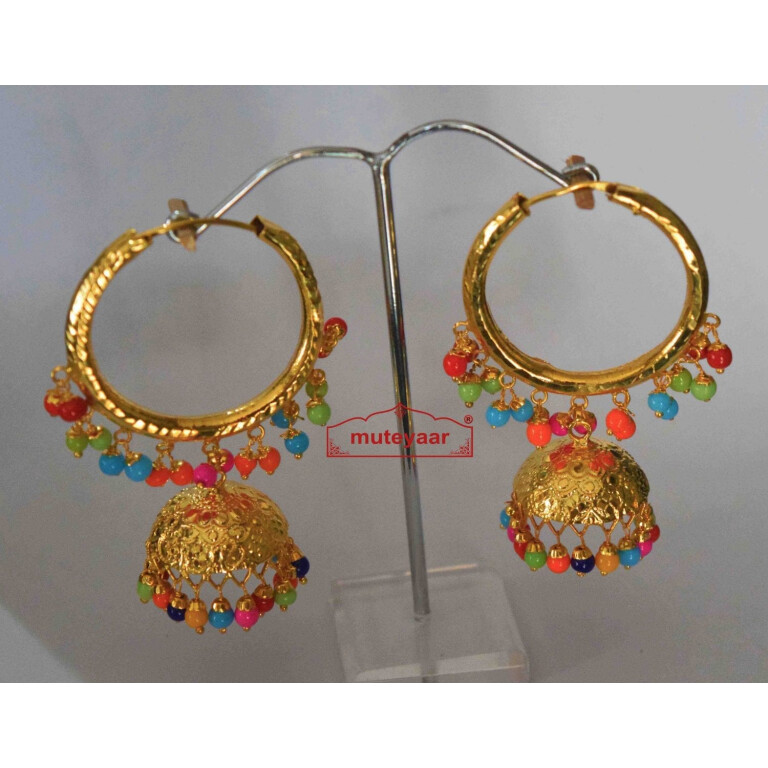 Gold Polished Dangles Jhumka Waliyaan Lotan Bali set with multicolour beads J0399