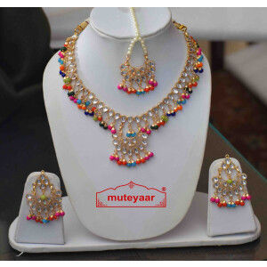Multicolour Kundan Tikka Earrings Necklace Haar Set J0376