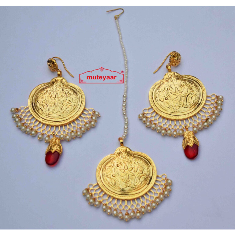 Gold Plated Traditional Punjabi Handmade Jewellery Earrings Tikka set J0415
