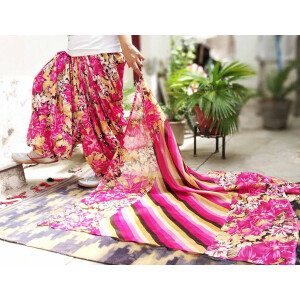 Pink Floral Print Multicolour Patiala Salwar Dupatta Set Pure Cotton PSD253