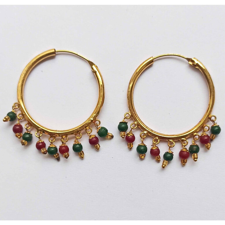 Gold Polished Bali Earrings with Maroon Green beads J0435