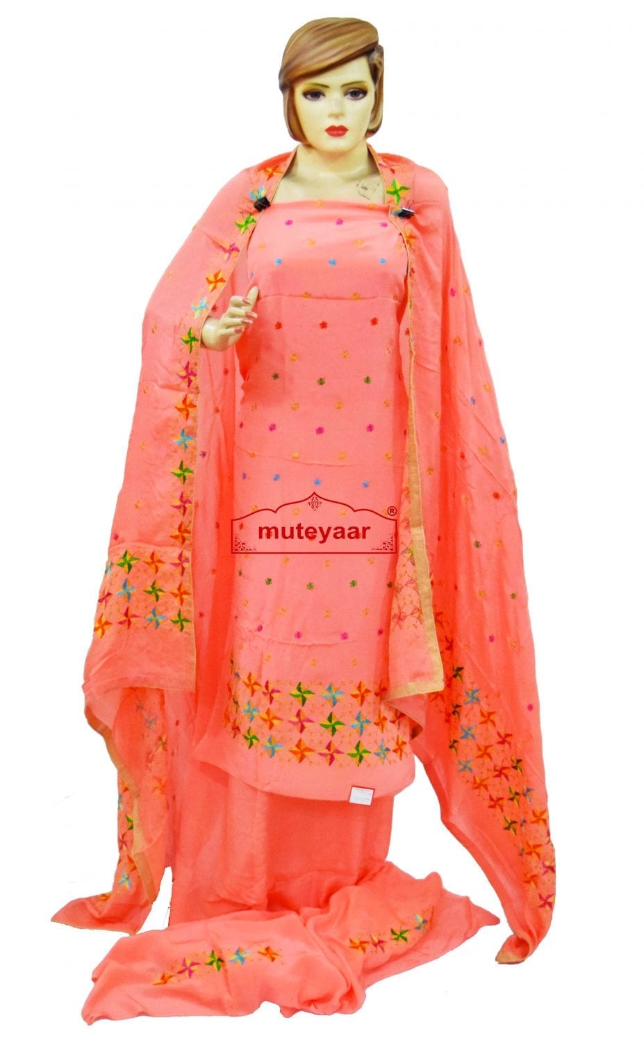Peach PURE CREPE Wedding PHULKARI Suit CHINON DUPATTA F0722 Peach PURE CREPE Wedding PHULKARI Suit CHINON DUPATTA F0722