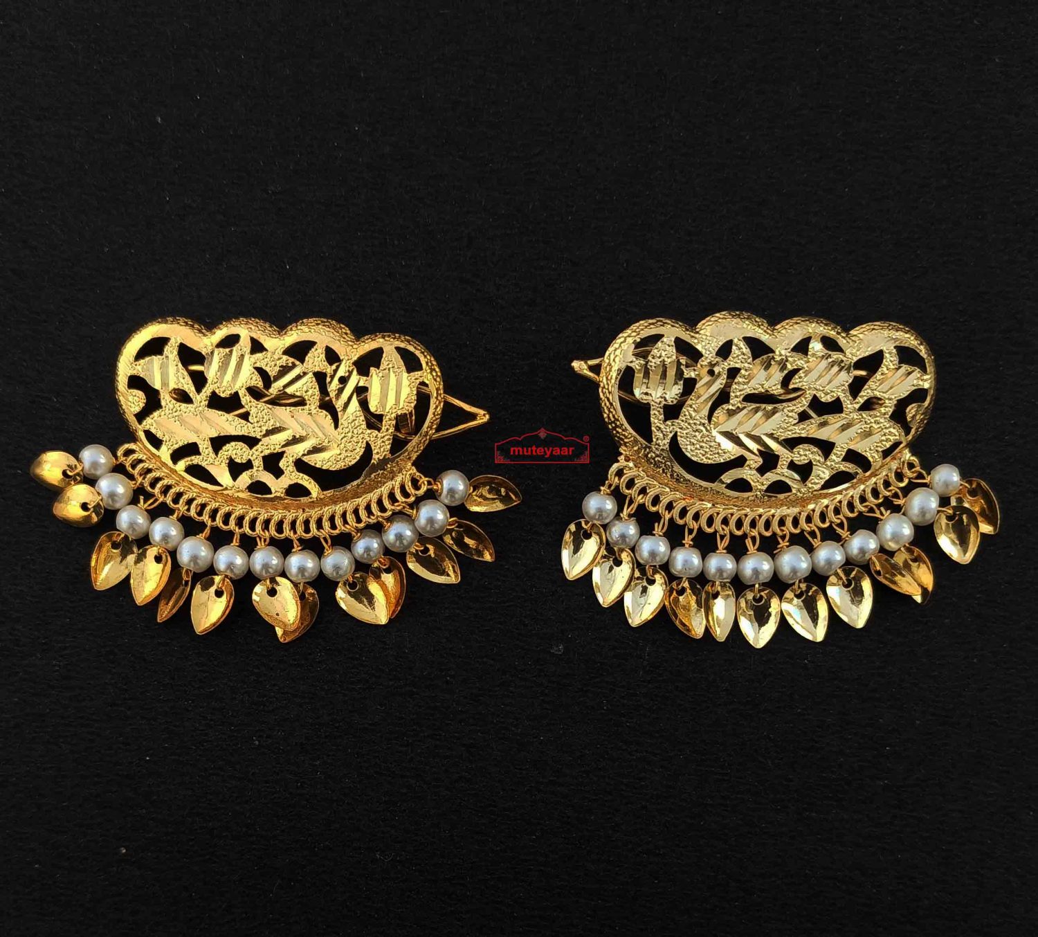 Gold Polished Party Wear Hair Clips Pair with patti and moti J0463 1