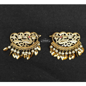 Gold Polished Party Wear Hair Clips Pair with patti and moti J0463