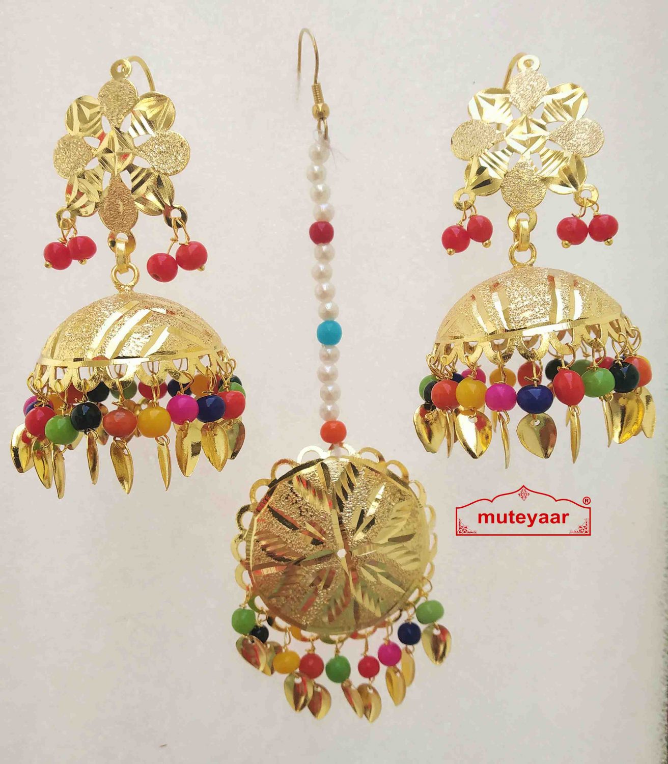 Gold Polished Punjabi Earrings Tikka set with multicolour moti beads J0476 1