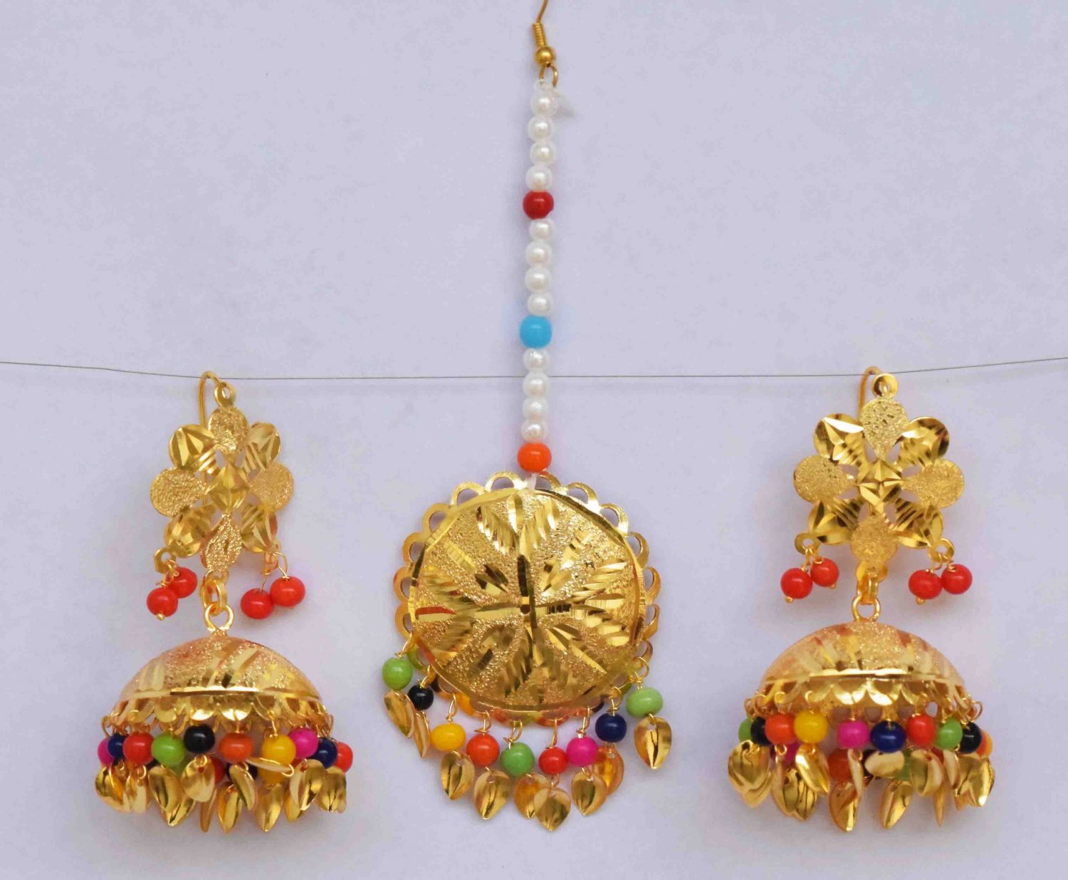 Gold Polished Punjabi Earrings Tikka set with multicolour moti beads J0476 2