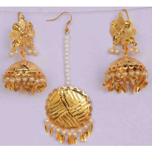 Gold Polished Punjabi Earrings Tikka set with white moti beads J0480