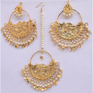 Gold Polished Punjabi Earrings Tikka set with white moti beads J0481