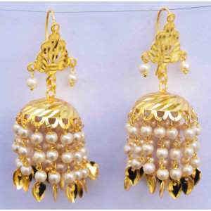 White Beads Gold Polished Traditional Punjabi Jhumki J0484
