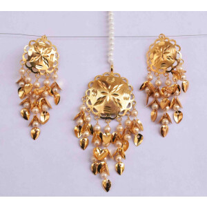 Gold Polished Punjabi Earrings Tikka set with white moti beads J0487