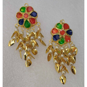 Multicolour Kundan Earrings Gold Polished Punjabi Jhumki J0493