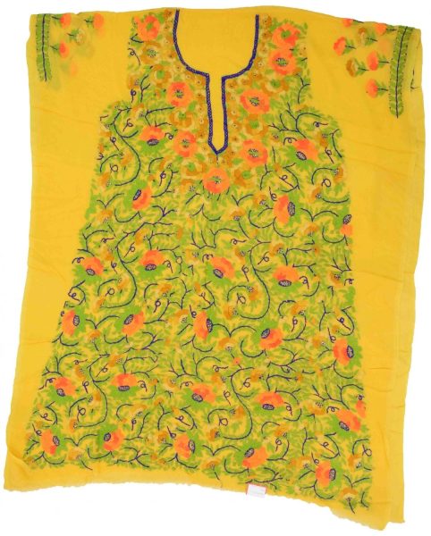 Yellow Georgette Embroidered Long Kurti K0371 3 Yellow Grorgette Hand Embroidered Party Wear Unstitched LONG Kurti Fabric Piece K0371