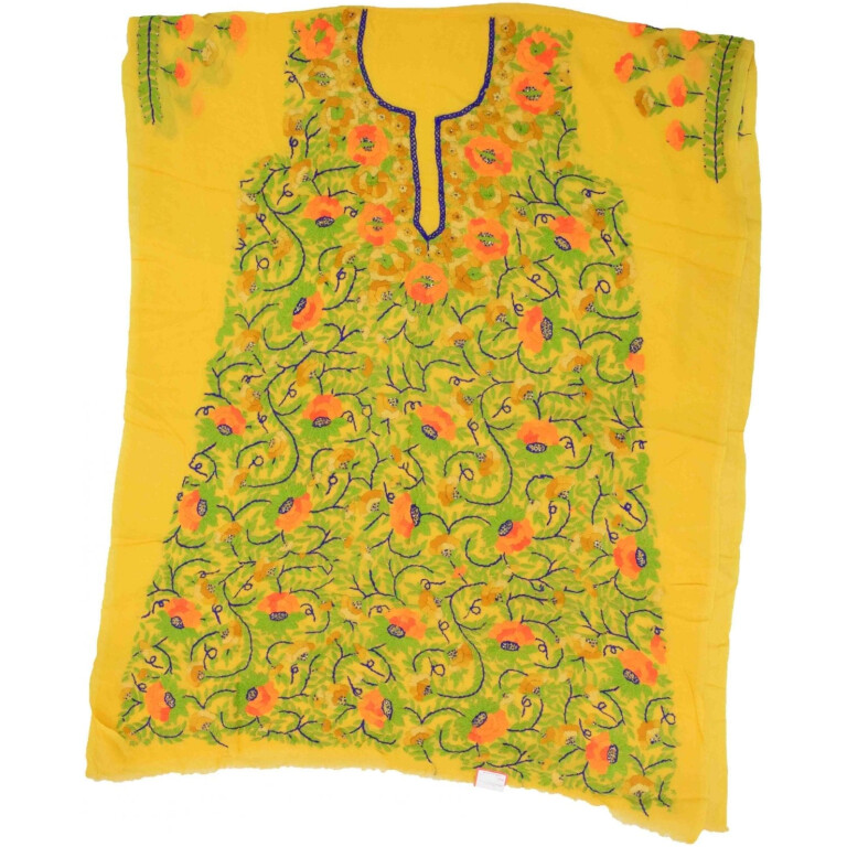 Yellow Grorgette Hand Embroidered Party Wear Unstitched LONG Kurti Fabric Piece K0371
