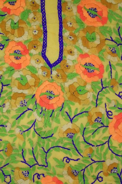 Yellow Georgette Embroidered Long Kurti K0371 5 Yellow Grorgette Hand Embroidered Party Wear Unstitched LONG Kurti Fabric Piece K0371
