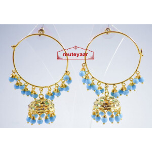 Firozi Beads Jadau Gold Polished Traditional Punjabi Earrings Bali set J0137