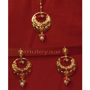 Gold Plated Traditional Punjabi Jewellery Earrings + Tikka set J0235