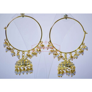 White Beads Zircons Jadau Gold Plated Punjabi Traditional Jewellery Earrings Bali set J0294