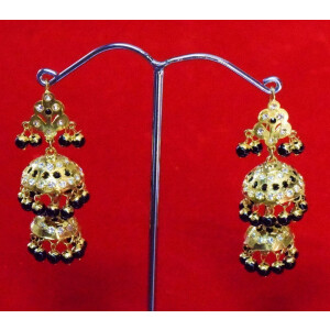 Black Beads Jadau Gold Polished Traditional Punjabi Jhumki Earrings set J0360
