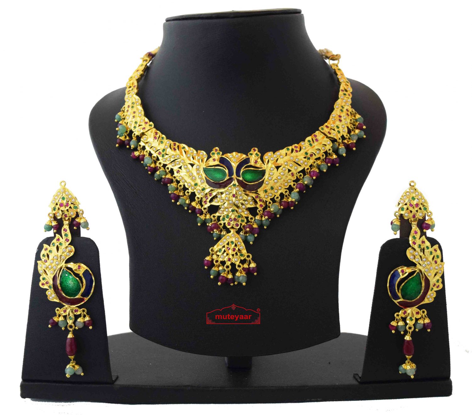 Gold Plated Jadau Bridal Wedding Necklace Earrings set J0377 1