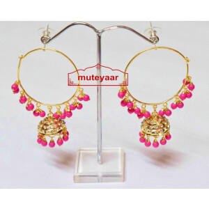 Magenta Beads Jadau Gold Polished Traditional Punjabi Earrings Bali set J0391