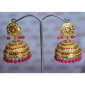 Punjabi Jadau Earrings Big Jhumka with magenta beads J0423