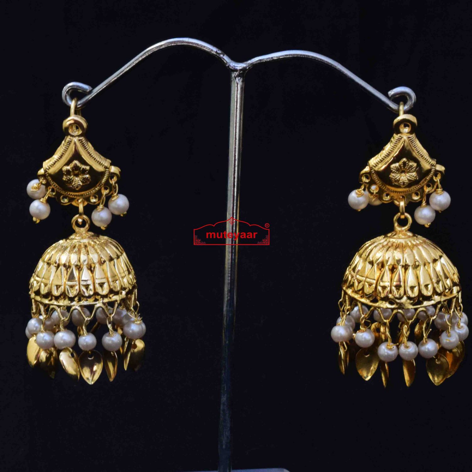 Golden Jhumki Set with White Beads J0500 1