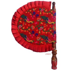 Red Peackock Design Embroidered Pakhi Hand Fan T0257