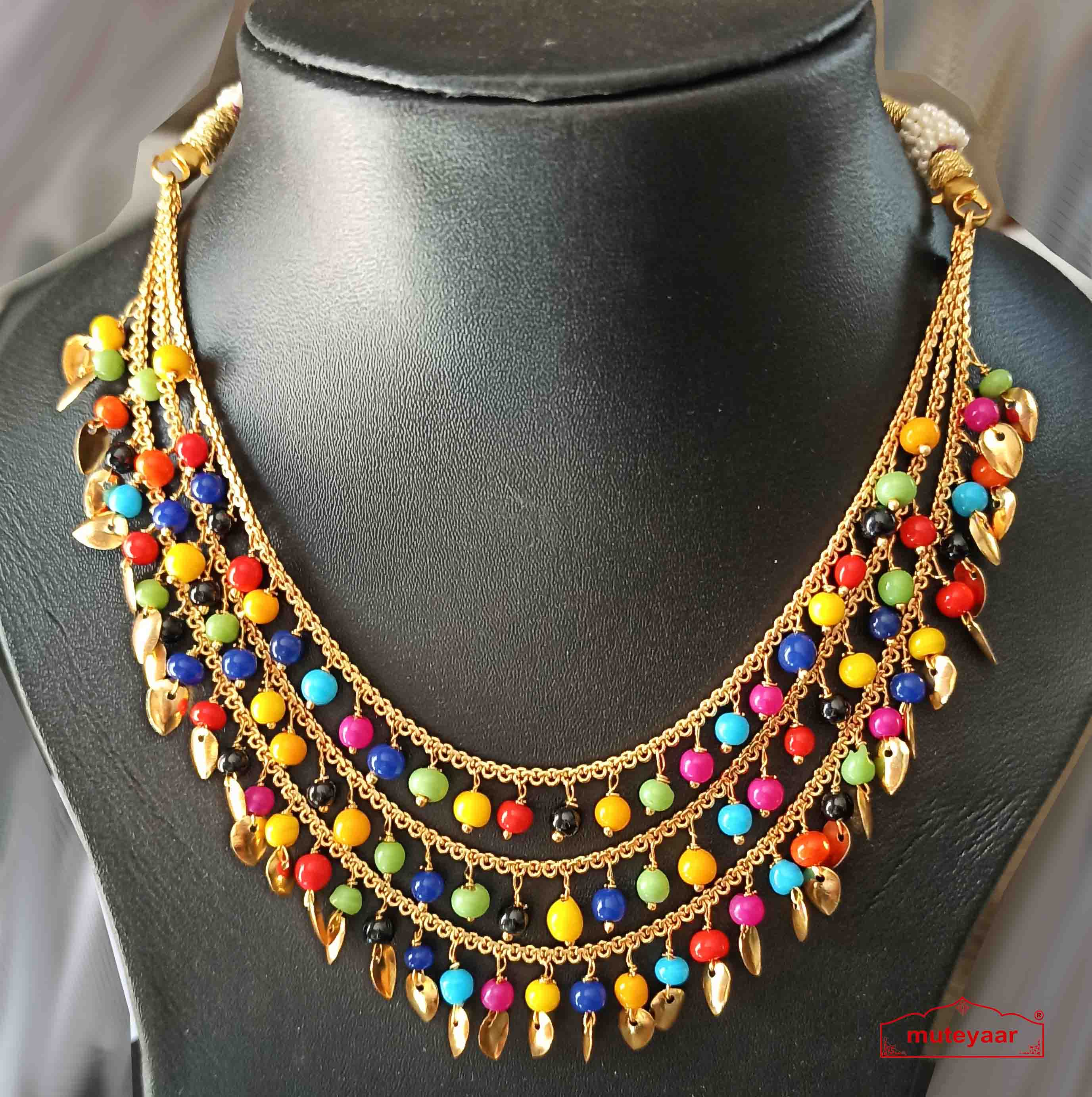 JTripple Chain Multicolour Moti Patti Necklace 0516 Tripple Chain Multicolour Moti Patti Necklace J0516