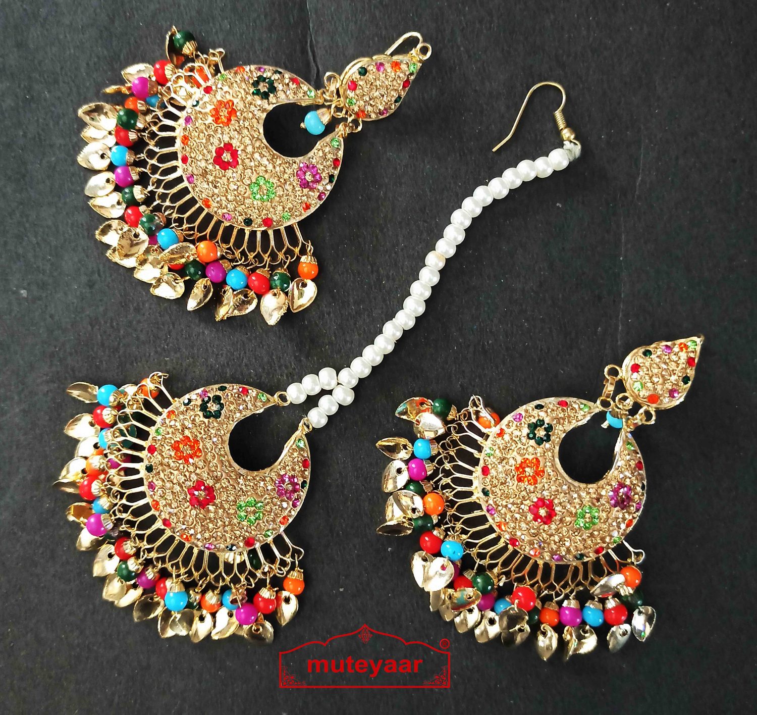 Multicolour Jadau Tikka Earrings Set J0517 Multicolour Jadau Tikka Earrings Set J0517