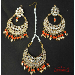 Kundan Tikka Earrings Set with Orange Beads J0518