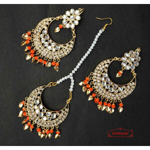 Kundan Tikka Earrings Set with Orange Beads J0518