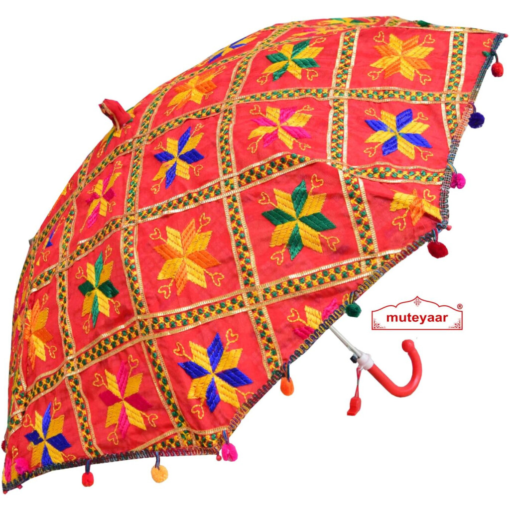 Red Phulkari Umbrella for Punjabi Wedding UMB03 - muteyaar.com