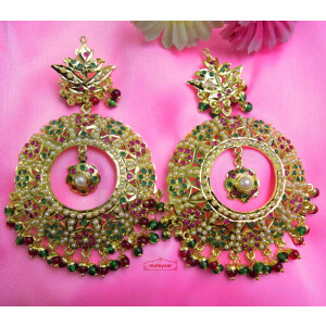 Real Gold Plated Big Jadau Earrings with multicolour stones J2002