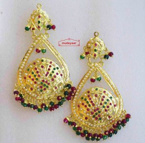 Gold Plated Jadau Earrings with Red Green Beads J2011