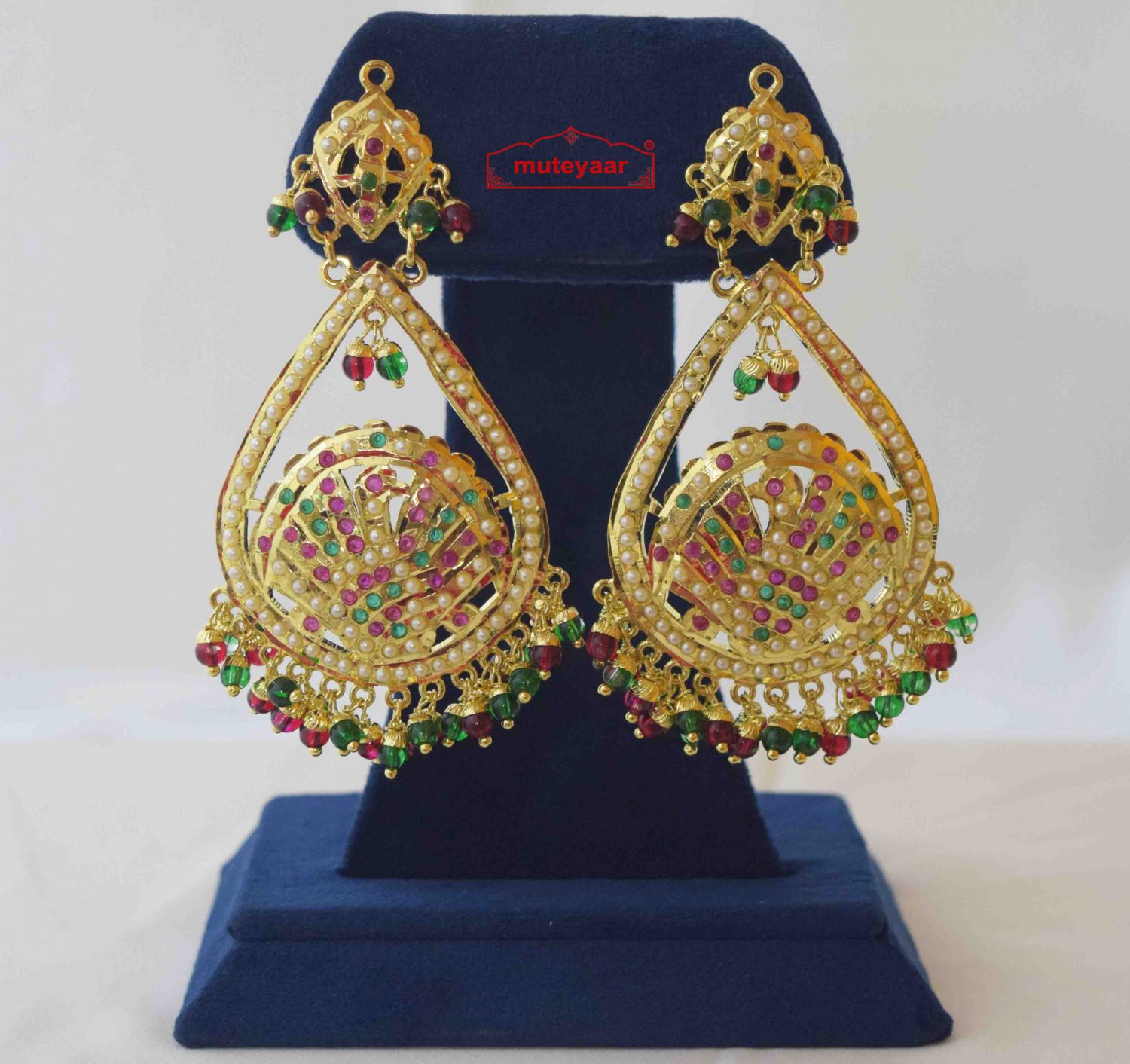 Gold Plated Jadau Earrings with Red Green Beads J2011 3